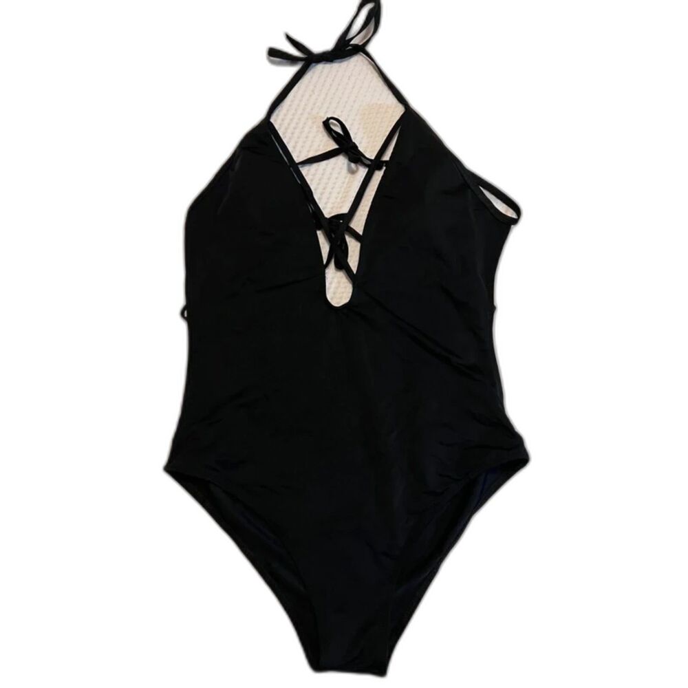 SWIM- Unknown Plunge Halter Lace Up Women's One Piece Swimsuit Black XL